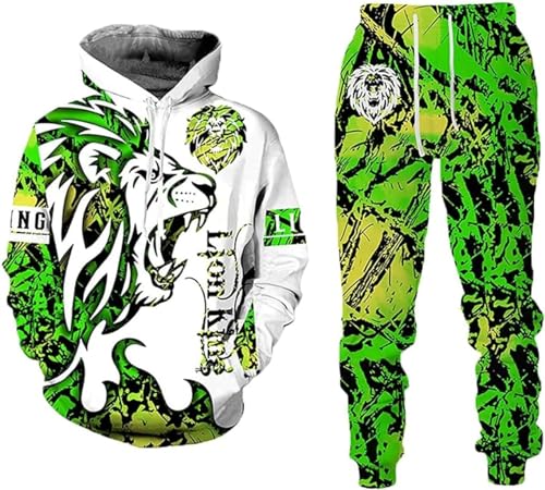 RIAAJ 3D Herren Lion Tiger Colour Jogging Anzug Trainingsanzug Sportanzug Fitness Sporthose Hose Hoodie (A1,L)