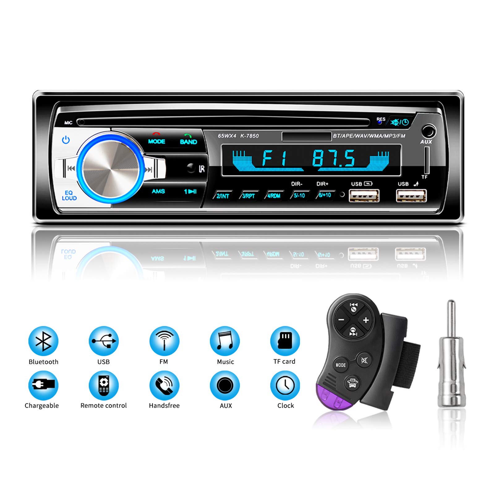 Lifelf Autoradio mit Bluetooth Freisprecheinrichtung, 65W*4 Bluetooth Autoradio 1 Din mit Lenkrad-Fernbedienung, FM/MP3-Player/2*USB/TF/AUX Audio/Antenna Adapter (Keine CD)