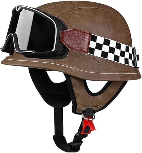 Lederhelm Im Deutschen Stil Mit Schutzbrille, ECE-Geprüfter Vintage-Cap-Halbhelm, Für Erwachsene, Männer Und Frauen, Offener Retro-Helm Für Roller, Moped, Street Cruiser E,XXL/(60~63cm)