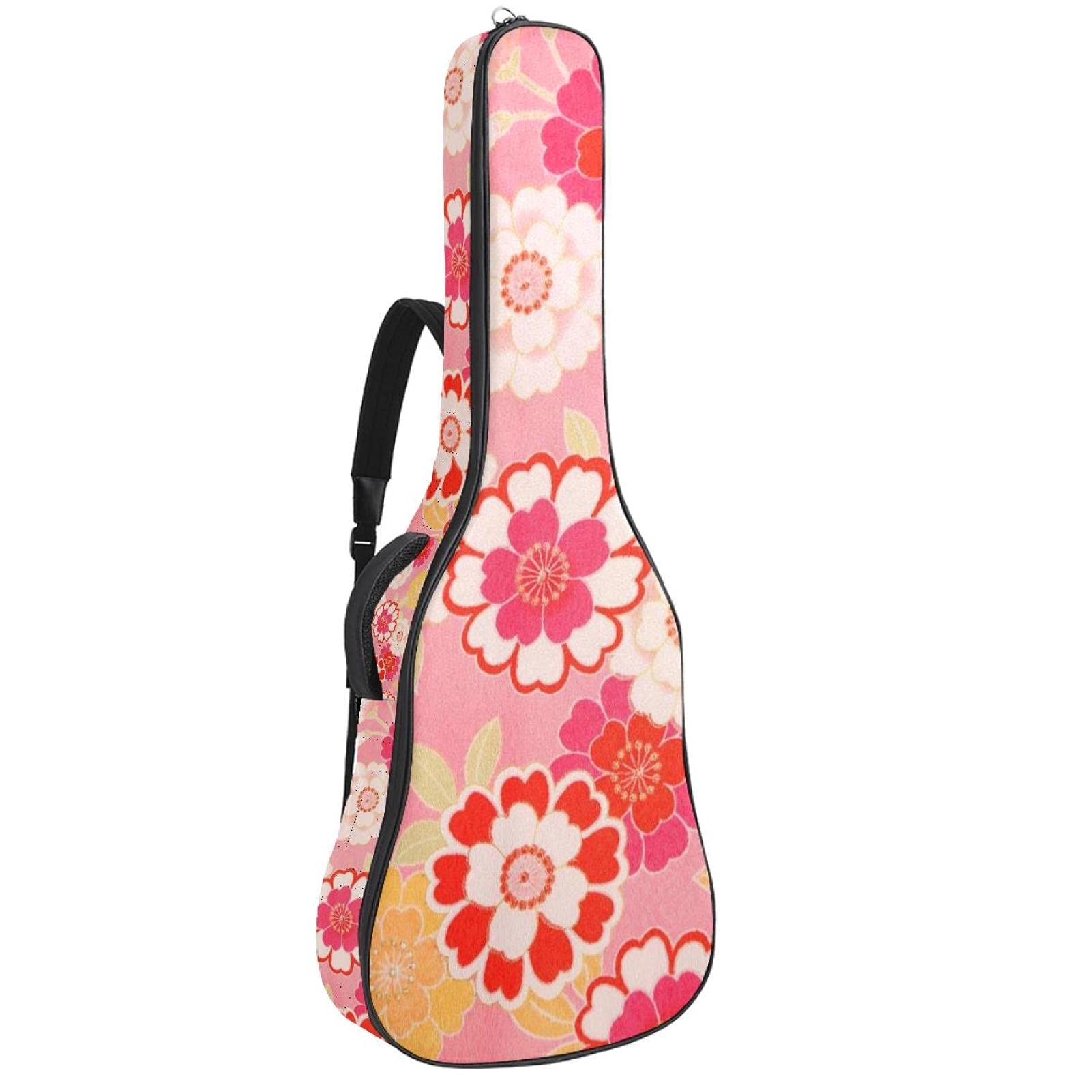 Tasche für Akustikgitarre mit mehreren Taschen Dicke Polsterung Wasserdichter Gitarrenkoffer Gig Bag 108,9x42,9x11,9 cm，Weiße und rote Blumen