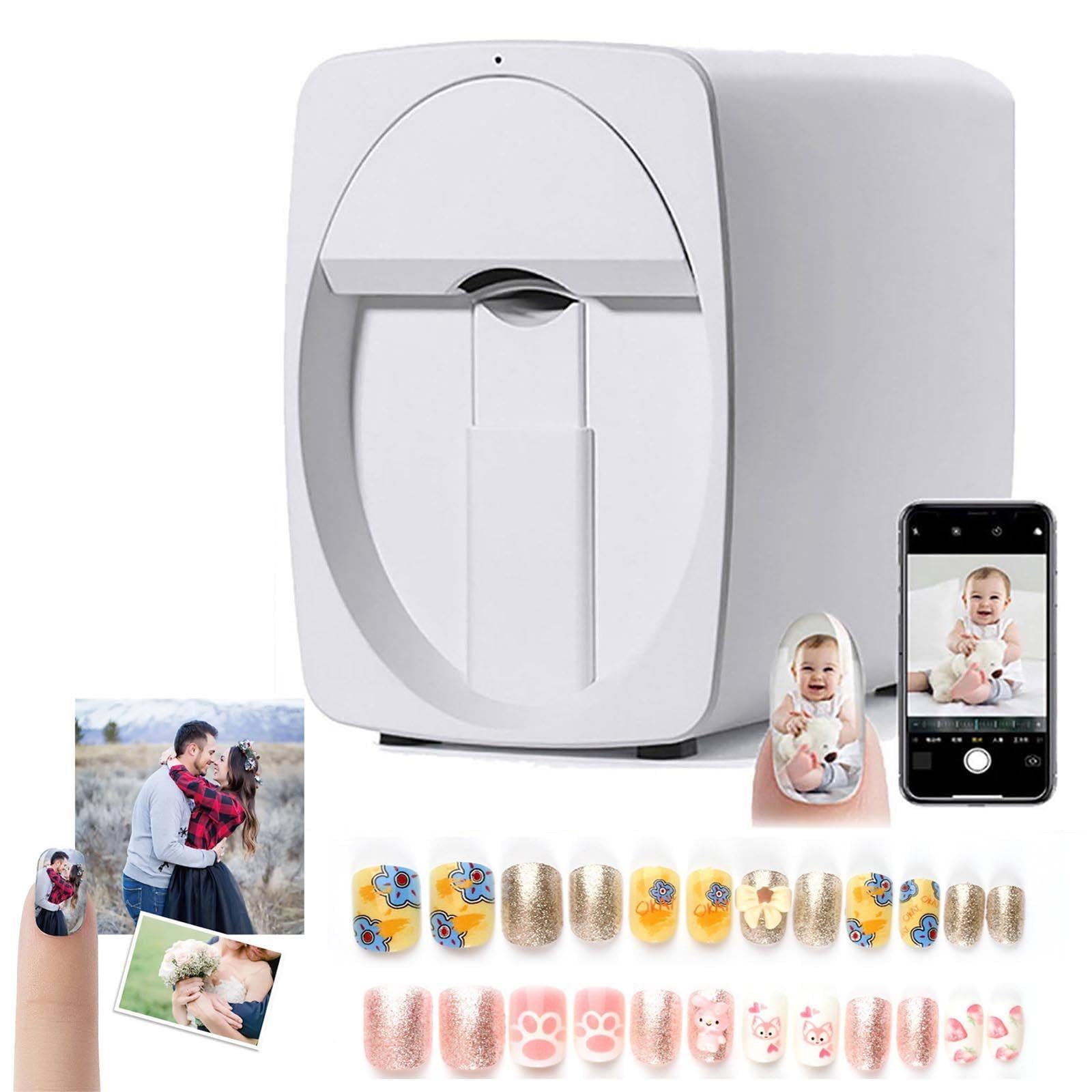 JMbpkduHs Digitaler Mobiler Nail-Art-Drucker, 2400 DPI Auflösung, Smartphone-Steuerung, Mit Spezieller Tintenpatrone, Tragbare 3D-Nagellackiermaschine, Heimwerken, Nagelstudio,White