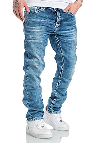 Amaci&Sons Herren Dicke Nähte Destroyed Jeans Regular Slim Denim Hose Fit 7983WC Hellblau W31/L30