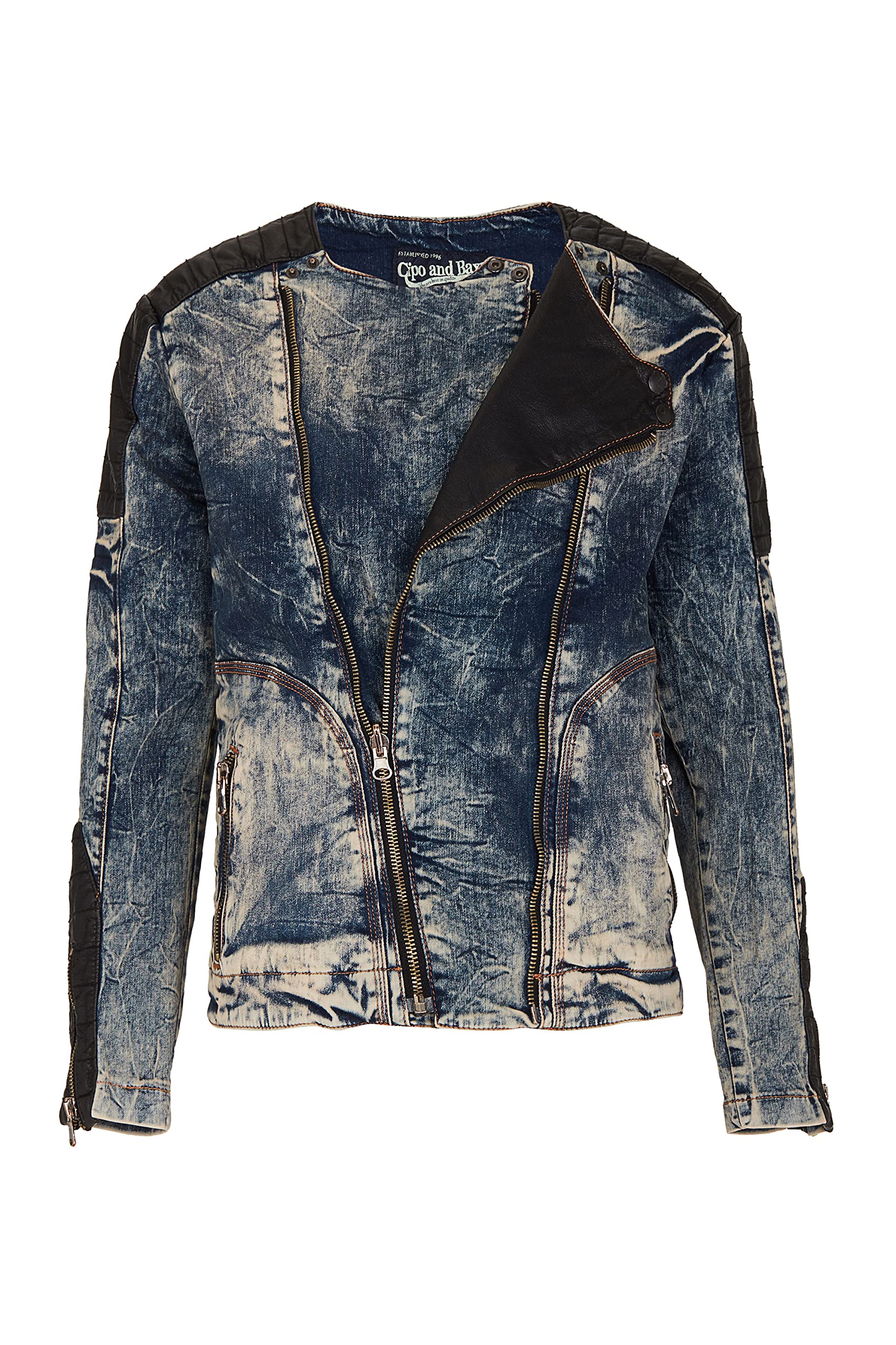 Cipo & Baxx Herren Jeans Jacke Leder Batches Übergangsjacke Biker Used Jacket Kunstlederoptik CJ135 Blau Gr.M