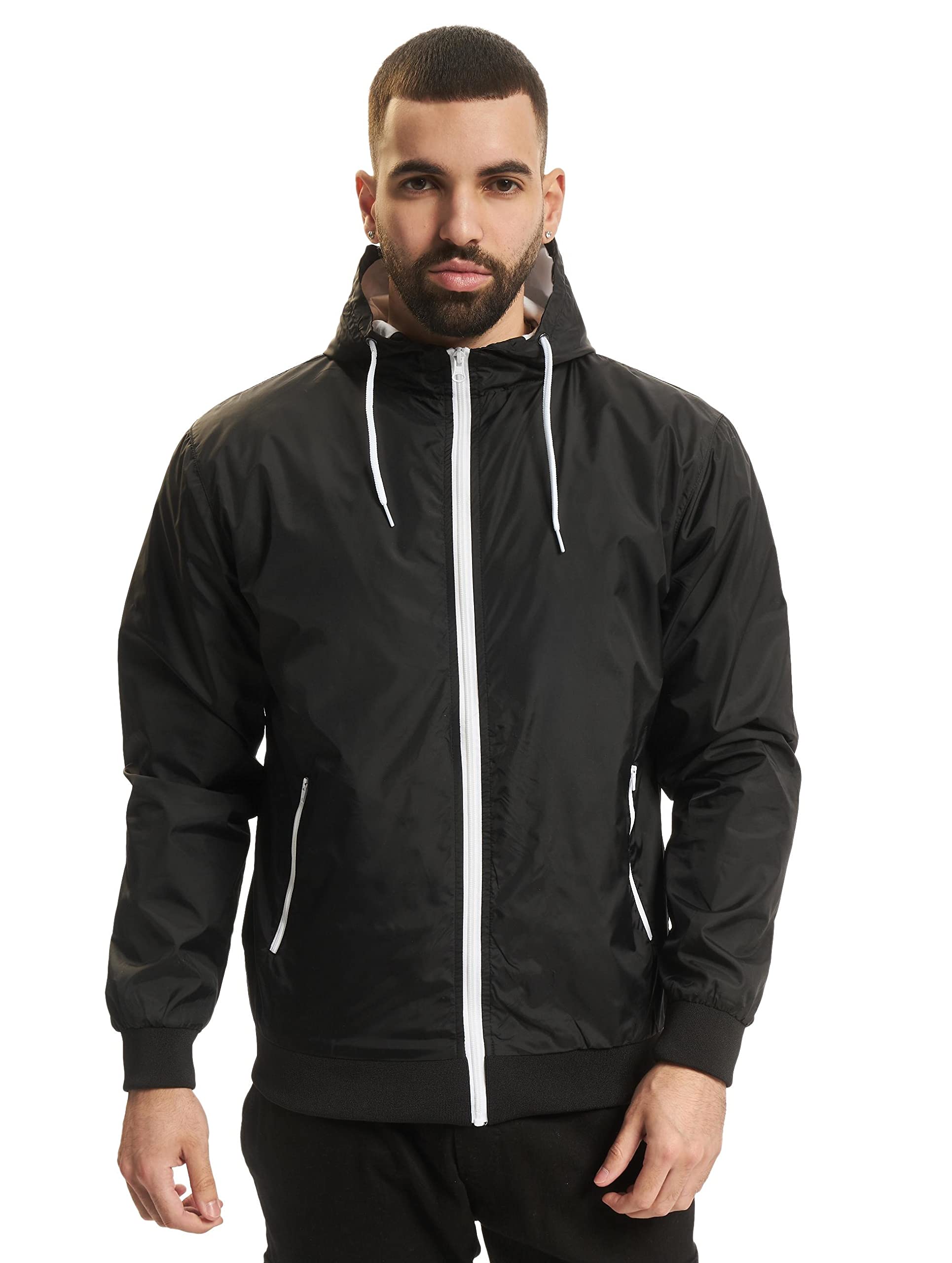 Urban Classics Herren Jacke Contrast Windrunner, winddichte Übergangsjacke mit Kapuze, Reißverschluss, Regular Fit, blk/wht, L