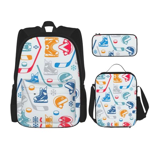 WURTON Hockey-Elemente, kreativer gemusterter Druck, Schulter-Rucksack, 3-in-1-Büchertaschen-Set, Lunchbox, Federmäppchen, Reise-Laptop-Tagesrucksäcke, Schwarz, Einheitsgröße