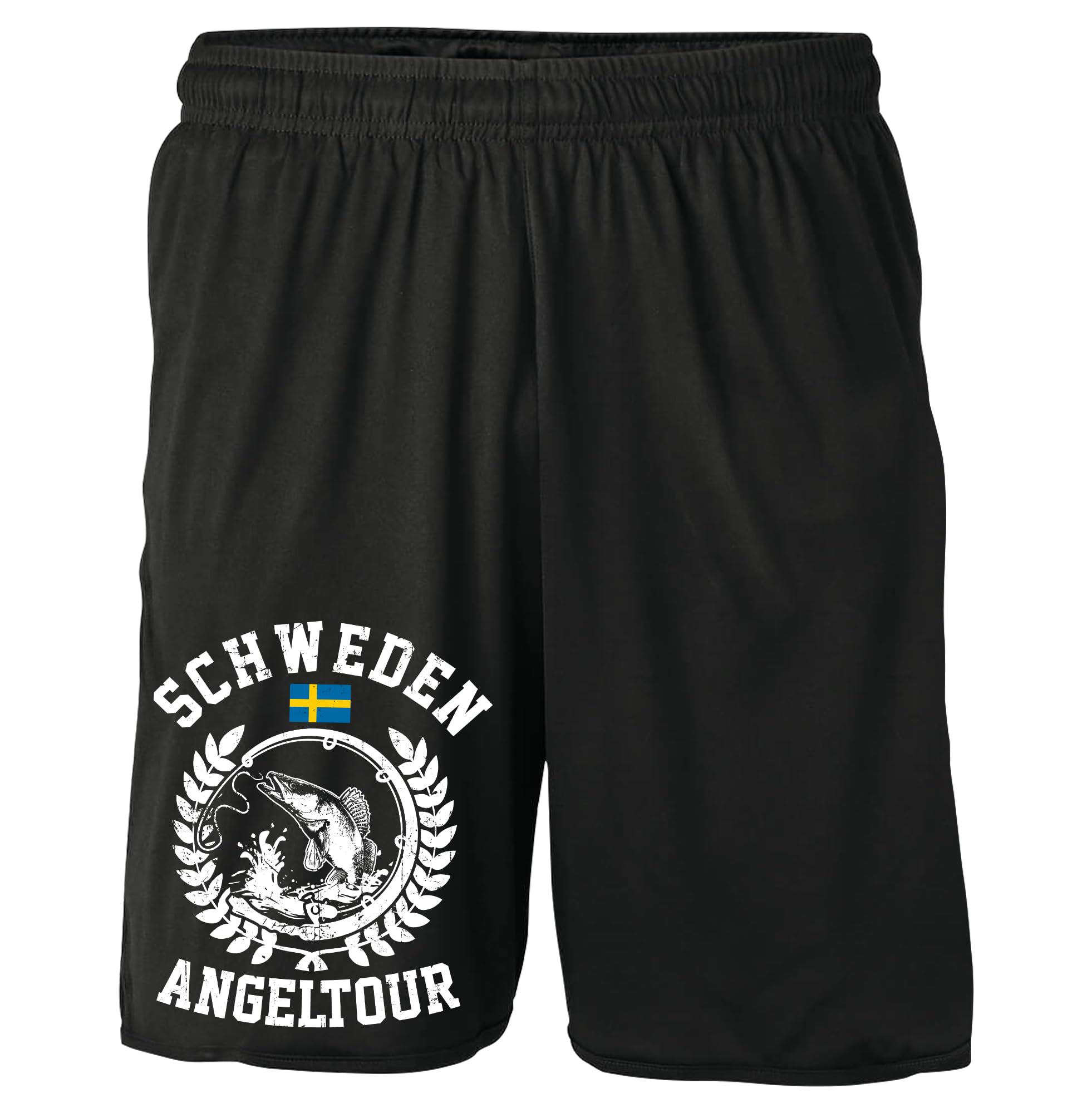 UGLYSHIRT Schweden Angeltour Shorts | Angler Hose Angel Fishing Skandinavien Urlaub Fischer Kurze Hose | Schwarz M1 (XL)