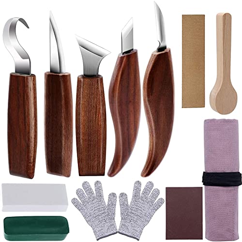 Holz Schnitzwerkzeug Set, 12 in 1 Schnitzmesser Set mit Griff aus Nussbaumholz, Holzwerkzeug Schnitzset mit Schnittfeste Handschuhe und Schleifsteine für Anfänger