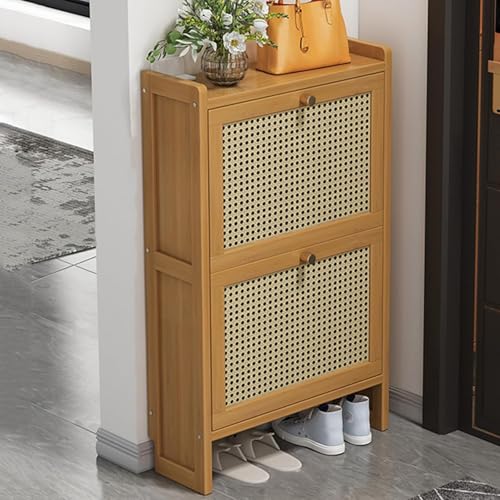 Flur-Schuhschrank mit 2/3 Schubladen, schmaler Bambus-Aufbewahrungsschrank, freistehender Schuh-Organizer mit Klapptüren, herunterziehbares Regal für Flure und Wohnzimmer, 68 x 17 x 87 cm