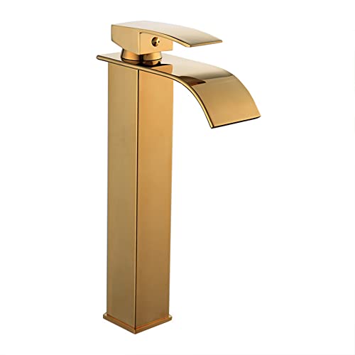 FW Wasserfall Wasserhahn Bad Einhandmischer Waschtischarmaturen, Moderner Elegant Stil Messing Waschtischarmatur Kaltes Und Heißes Wasser Vorhanden, Gold, Keramikventil