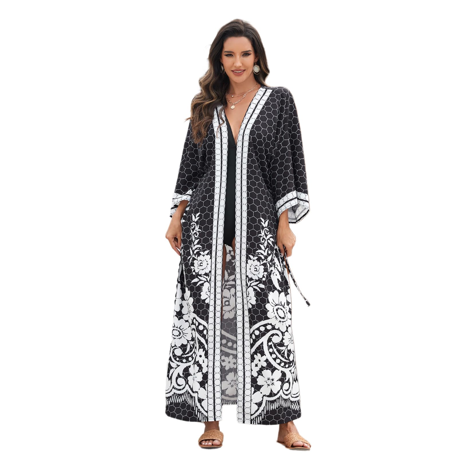 Fhkpsqkcn Lange Kimono-Strickjacke für Damen, vorne offen, mit Taillenband, Strandvertuschung, Blumendruck