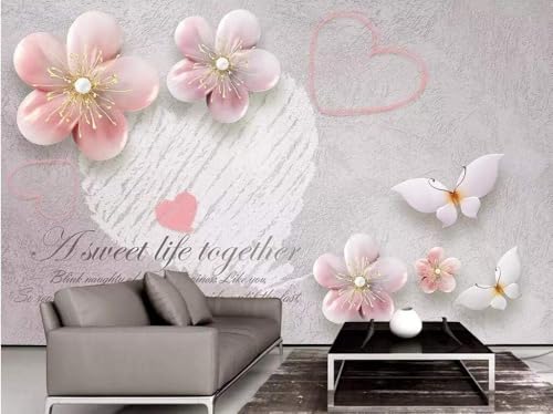 Rosa Blumen Schmetterlinge Liebe 3D Tapete Poster Restaurant Schlafzimmer Wohnzimmer Sofa TV Dekorative Wand-300cm×210cm