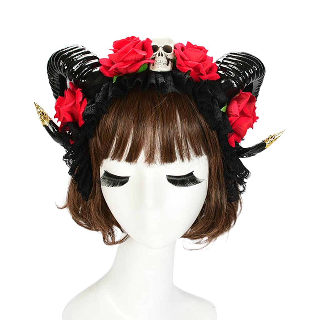 WELLDOER Halloween Haar Hoop Stirnband Schädel Kopfschmuck Rose Horn Stirnbänder Cosplay Haar Zubehör