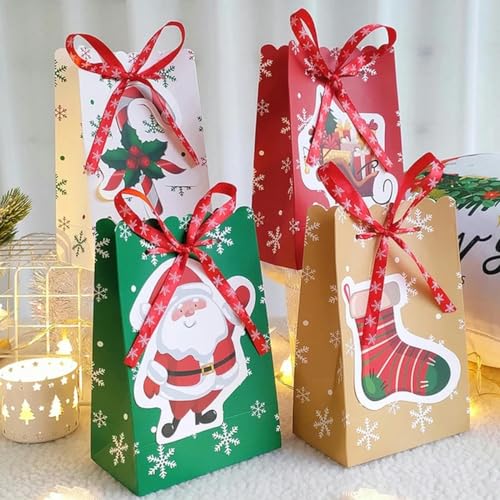 4 Stück Frohe Weihnachten Geschenktüten Weihnachtsdekoration Verpackung Kraftpapiertüten mit Band Weihnachtsmann Säcke Süßigkeitentüten Navidad Neujahr-Gemischt-12x18x7cm