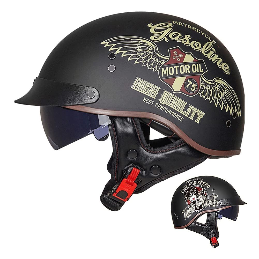 Halbschalenhelm mit ECE, Jethelm Retro, Chopper Helm, Retro Motorrad Helm, Scooter-Helm, Offenem Helm, mit Sonnenblende und Herausnehmbares Atmungsaktives Futter M~XXL 57~64CM