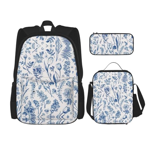 WURTON Schulrucksack-Set mit Blumen und Blättern, 3-in-1, Büchertaschen-Set mit Lunchbox, Federmäppchen, Reise-Laptop, Tagesrucksäcke