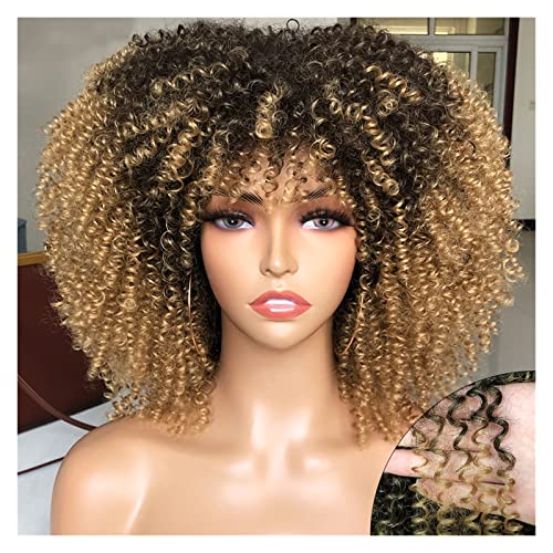 Perücken Kurze Afro Kinky Curly Perücke mit Pony for schwarze Frauen Cosplay Lolita Hair Ombre Mixed Brown Synthetic African Perücken Damenperücke(Color:T4p-27)