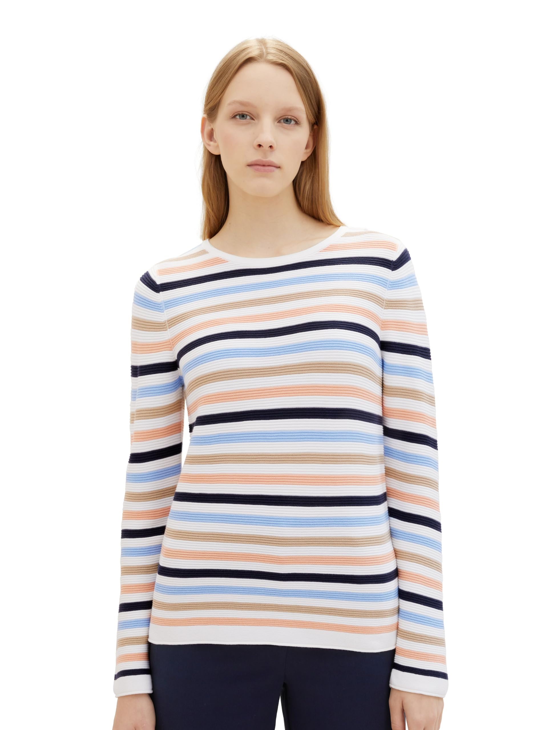 TOM TAILOR Damen Basic Strickpullover aus Bio-Baumwolle, 34798 - Peach Blue Ottoman Stripe, XXXL