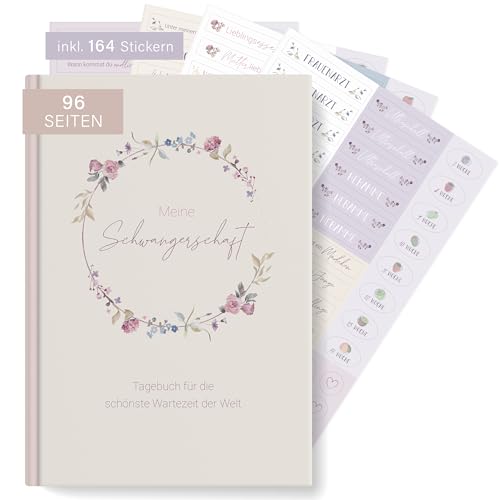 MINTKIND® Schwangerschaftstagebuch "Meine Schwangerschaft" A5 Blumen Rosa + Sticker Set I Hardcover Tagebuch zum Eintragen I Geschenk für Schwangere & werdende Mütter Fotoalbum Baby Album Fotobuch