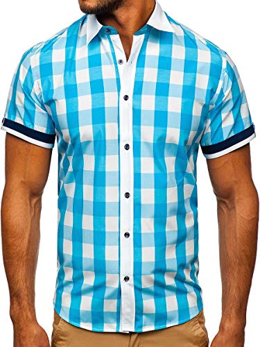 BOLF Herren Hemd Kurzarm Trachtenhemd Karohemd Freizeithemd Slim Fit Kariert Baumwollmischung Sommer Casual Style 8901 Türkis M [2B2]