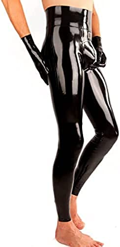 Sexy Herren-Latexhose, Schrittschneiderei Und Schrittreißverschluss-Anpassung + Handschuhe,Schwarz,Groß