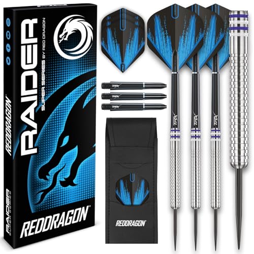 RED DRAGON Raider 1: 23 Gramm Wolframpfeil-Set mit Stahlspitze - Professionelle Dartpfeile mit Schäften (Stielen), Flügen und Checkout-Karte - Wahl der Farbe verfügbar