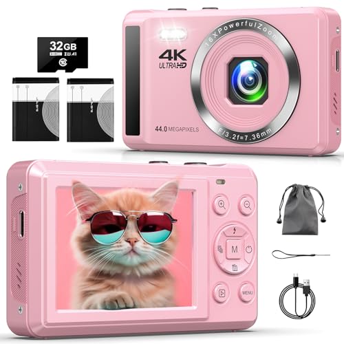 Digitalkamera 4k Fotokamera mit Autofokus, 44MP Fotoapparat mit 32GB SD-Karte 16X Digitalzoom Kompaktkamera für Anfänger Kinder Jungen und Mädchen Studenten Erwachsene (2 Batterien)