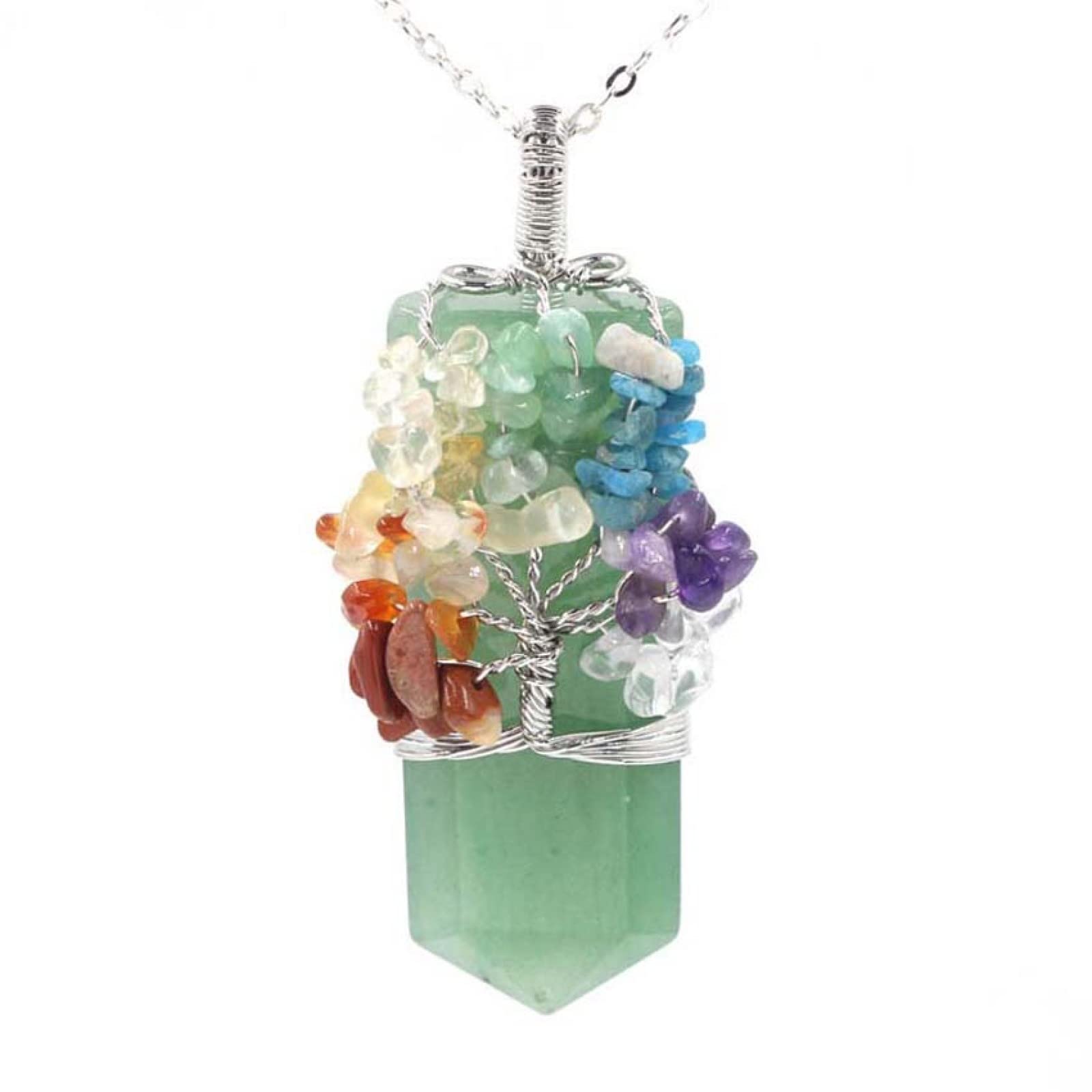 Natürlicher Kristall 7 Chakra Baum des Lebens Drahtumwickelter Rosenquarz Amethyste Heilendes Spitzschwert Facettierte Anhängerhalskette,Grüner Aventurin,50cm