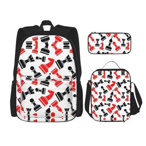 WURTON Schulter-Rucksack mit Schachmuster, 3-in-1, Büchertaschen-Set, Lunchbox, Federmäppchen, Reisen, Laptop, Tagesrucksäcke, Schwarz, Einheitsgröße