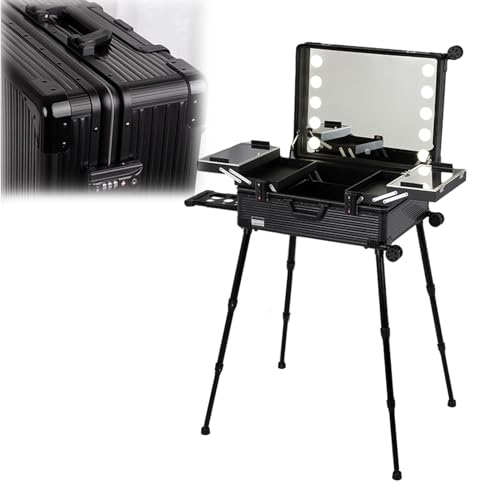 Extra großer Aluminium-Trolley, Make-up-Zugkoffer mit integrierten LED-Leuchten, professioneller Kosmetik-Organizer, Studio mit Ständer (Black Stripe 58X45X23cm)