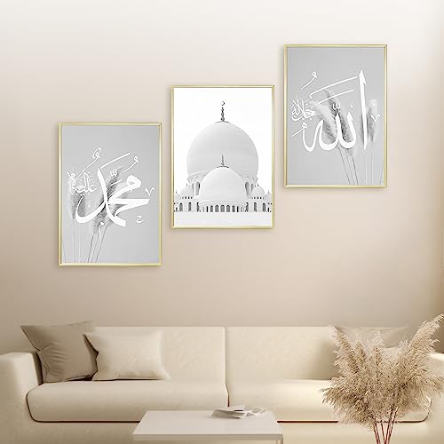 HAVA Artwork Grey Mosque Poster Set, Islamische Poster, Islamische Bilder, Islamische Dekoration, Islamische Geschenke, Bilderrahmen, Allah Wandbild