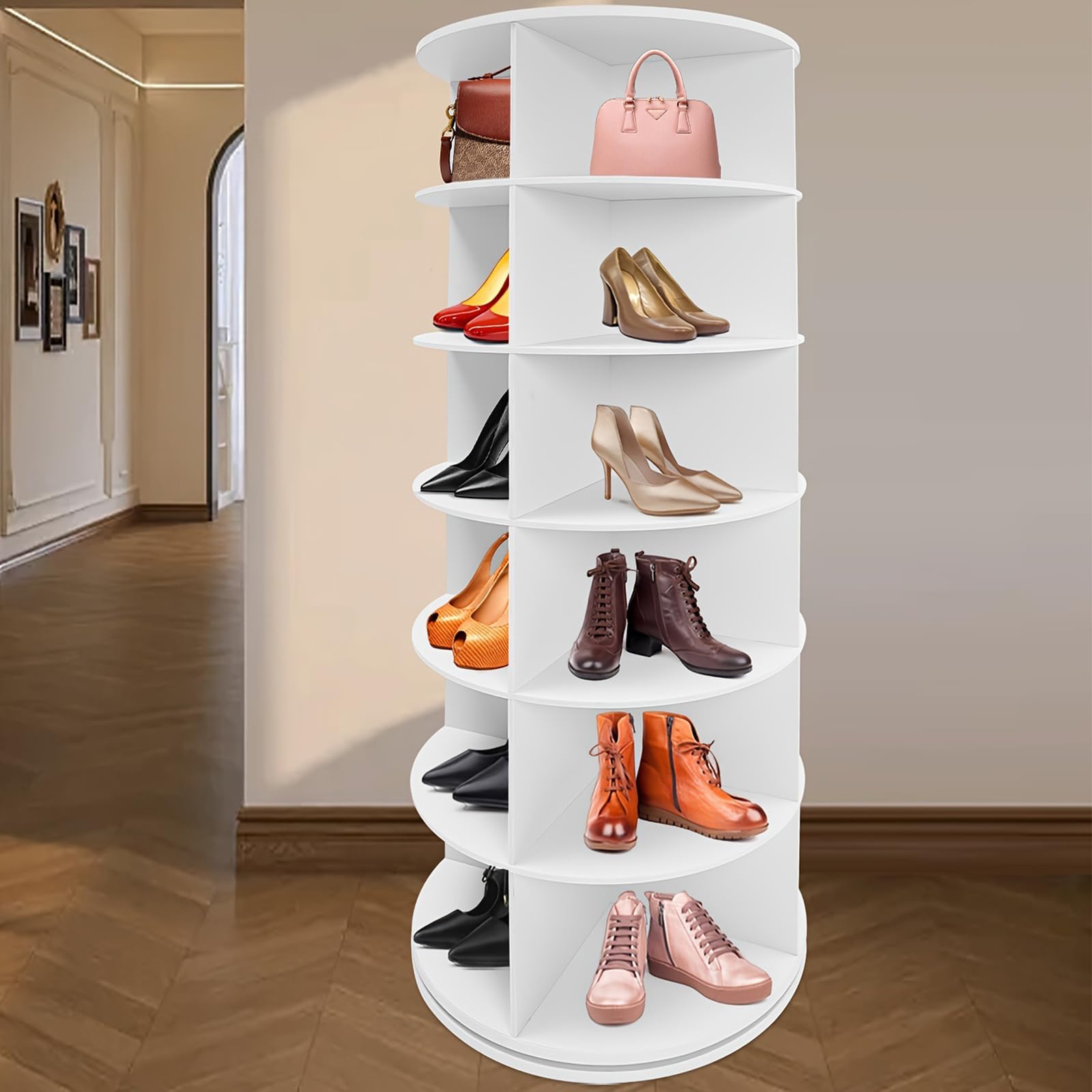 Gvqng Drehbares Schuhregal, Schuhschrank mit 4/6 Ebenen, Freistehendes Schuhregal, Rundes Karussell-Schuhregal, Schuhschrank-Organisation, für Wohnzimmer, Schlafzimmer,Weiß,6th Floor