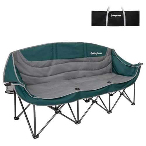 KingCamp Dreisitzer Campingstuhl faltbar bis 300kg bequem Camping Stuhl 3 Sitzer mit Becherhalter und Armlehne Übergröße Gartenstuhl für Camping Picknick Festival Fußball Konzert Outdoor, Grün