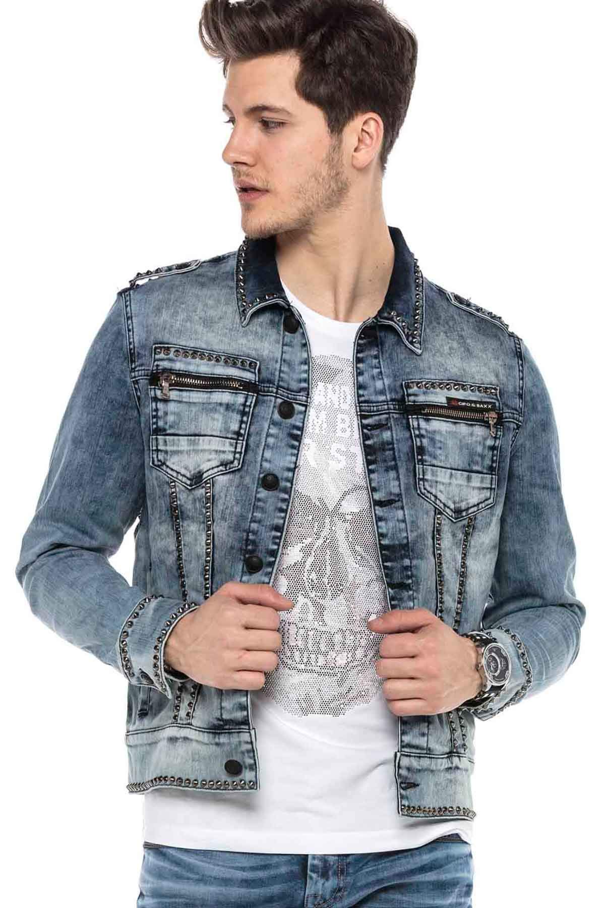 Cipo & Baxx Herren Jeansjacke Übergangsjacke Denim Bikerjacke Rockig Design Ziernähte Blau L