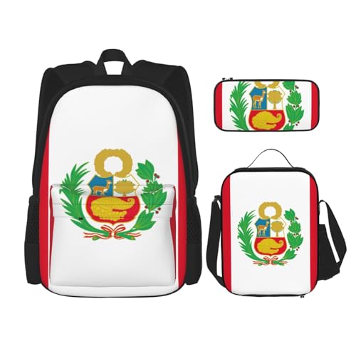 WURTON Schulterrucksack, Motiv: Flagge von Peru, 3-in-1, Büchertaschen-Set, Lunchbox, Federmäppchen, Reisen, Laptop, Tagesrucksäcke, Schwarz, Einheitsgröße, Schwarz, Schwarz , Einheitsgröße