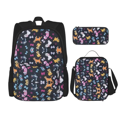 WURTON Rucksack mit Cartoon-Katzen-Druck, 3-in-1-Büchertaschen-Set, Lunchbox, Federmäppchen, Reise-Laptop-Tagesrucksäcke, Schwarz, Einheitsgröße