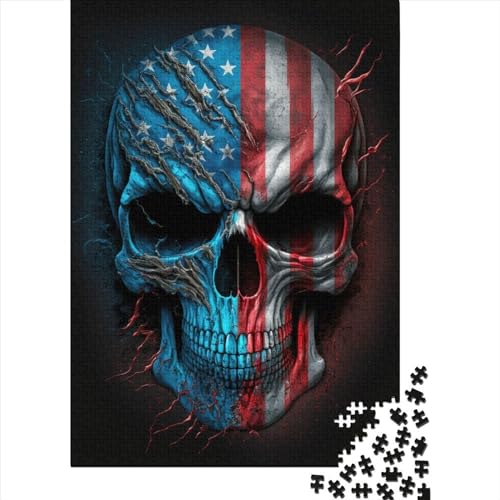 1000-teiliges Puzzle für Erwachsene, Totenkopf mit amerikanischer Flagge, Holzpuzzle für Erwachsene und Jugendliche von Relax Puzzles Games – Denksport-Puzzle (75 x 40 cm)