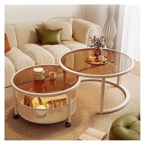 Couchtisch Wohnzimmertisch Wohnzimmer-Beistelltisch, beweglicher Couchtisch, Kombination, einfacher Haushalts-Kleintisch aus Glas, runder Tisch mit Rädern, Sofa-Couchtisch für Wohnzimmer(Bruin)