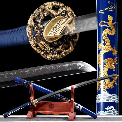 103cm blaues Drachen Katana,T10-Stahl Schwertklinge mit erdbedecktem gebranntem Klingenverfahren,reinem Kupfer Handschützer,Holzscheide mit bemaltem Muster,Handgefertigtes echtes Katana-Schwert