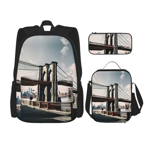 YQxwJL 3-in-1-Rucksack-Büchertaschen-Set, Motiv: rosa Pudel und Hunde, lässiger Reiserucksack, mit Federmäppchen, Lunchtasche, Brooklyn Bridge S, Einheitsgröße