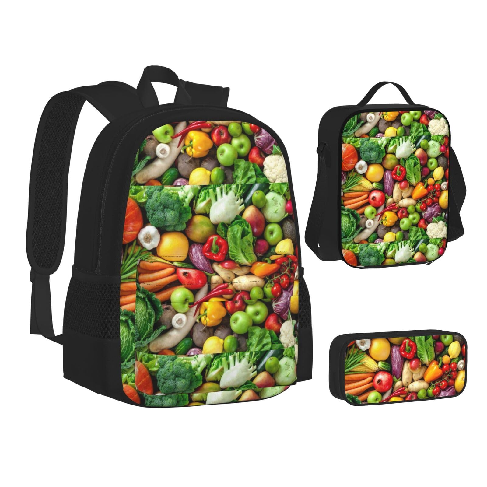 WURTON Büchertasche mit frischem Obst und Gemüse bedruckt, 3-in-1, Schulrucksäcke, Kinderrucksack-Set