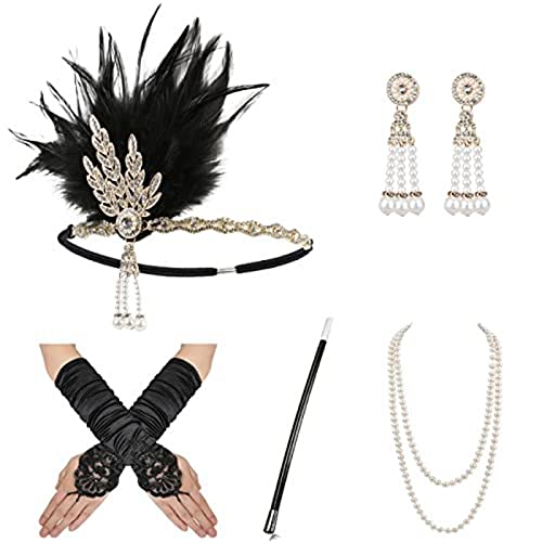 LEJIAJU Flapper-Zubehör für Damen, Party-Kostüm, Stirnband, Halskette, Ohrringe, Handschuhe, Halter für Cocktail-Party, Abschlussball