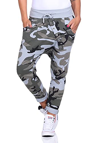 Mississhop 165 Damen Hose Sweatpants Camouflage Militär Print Jogginghose Freizeithose Boyfriend Baggy Pumphose Gummibund Tarnmuster Grau