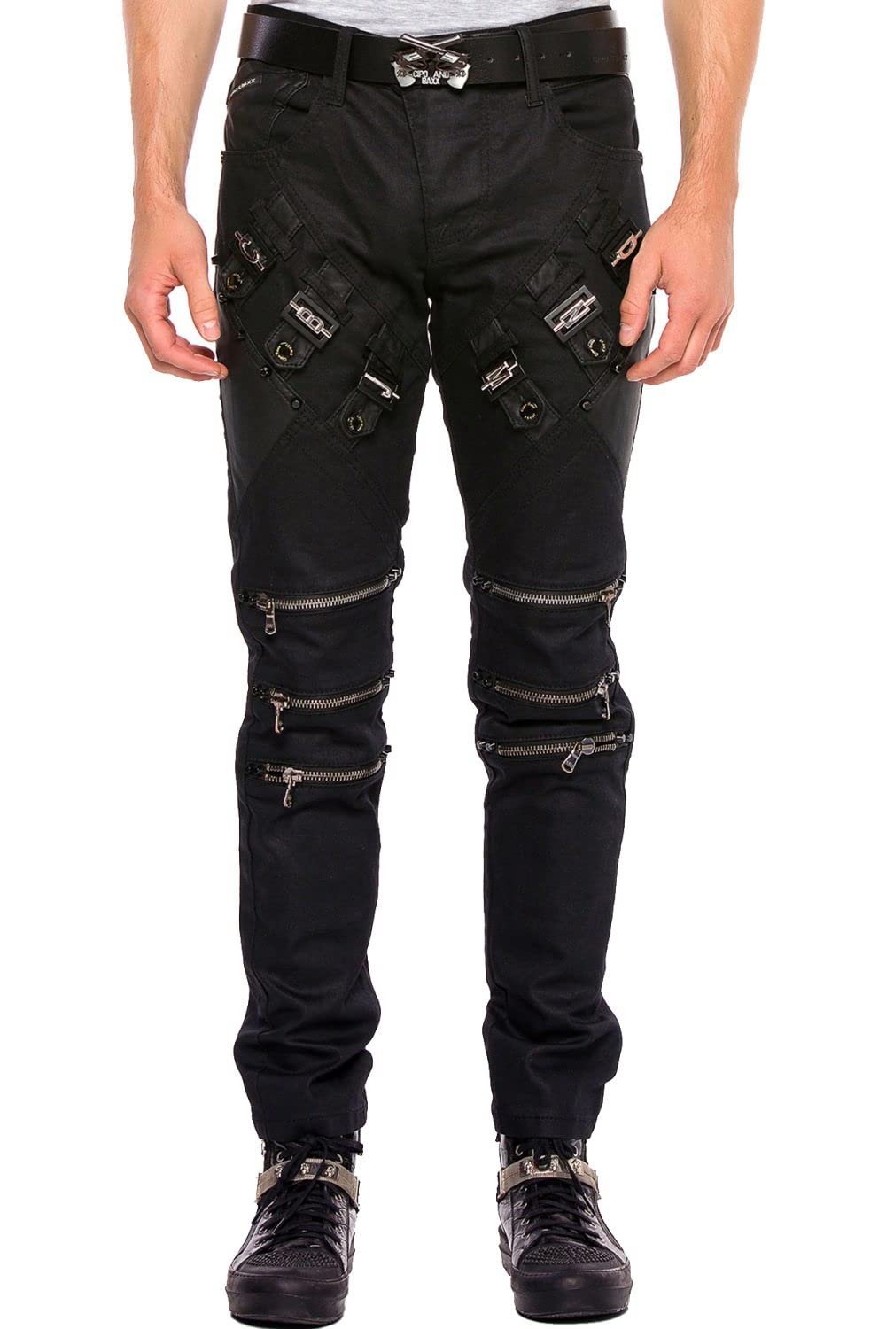 Cipo & Baxx Herren Jeanshose Denim Biker Hose Regular Fit Reißverschluss Design Modern Pants Jeans Hose Schwarz W29 L32