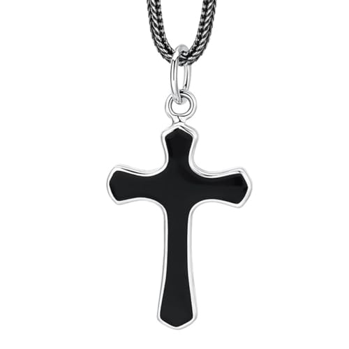 VOYADE S925 Sterling Silber Schwarzes Kreuz Anhänger, Männer Und Frauen Einfache Kreuz Anhänger Halskette,Silber,Pendant + Chain 65cm