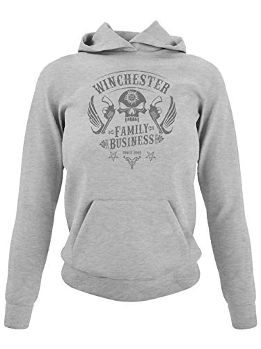 clothinx Winchester Family Business Skull Patch Design | Join The Hunt als Dämonenjäger im klassischen Biker Style Damen Kapuzen-Pullover Grau Gr. S