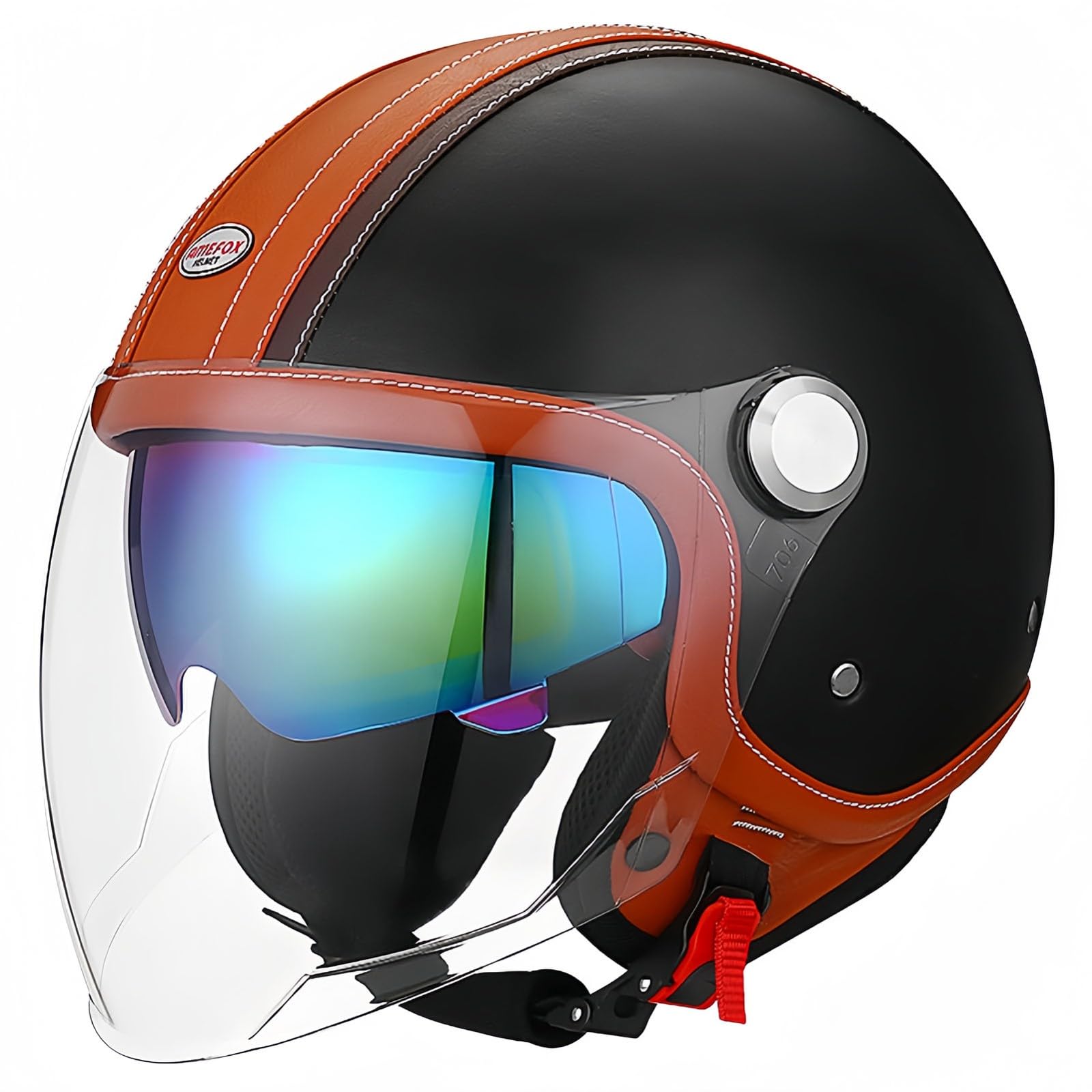 3/4 Open Face Doppelvisier-Motorradhelm, DOT/Ece-Zugelassener Retro-Leder-Halbhelm Für Männer Und Frauen, Motorrad-Fahrrad-Roller-Halbhelm Für Erwachsene, Männer Und Frauen D,M57-60CM