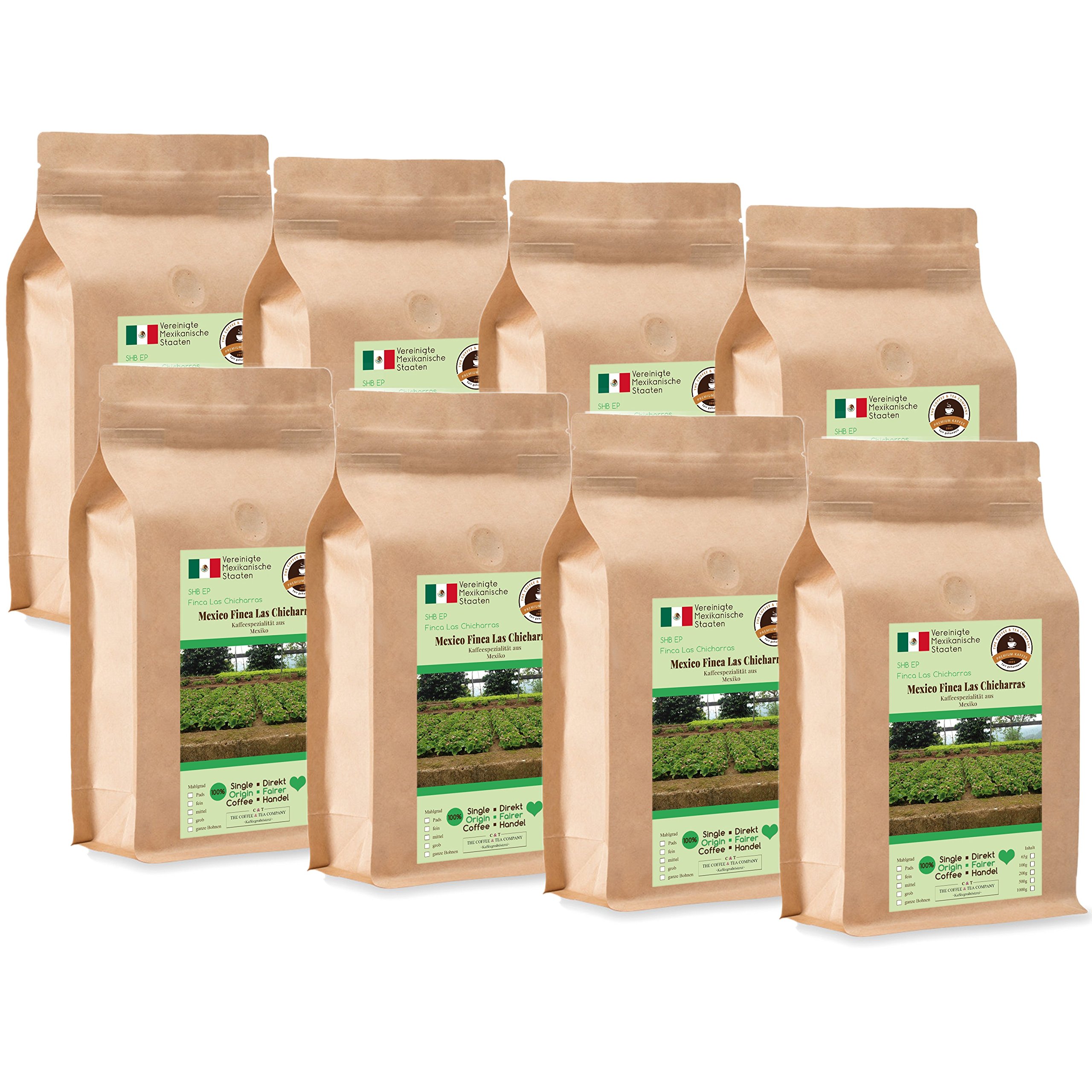 Kaffee Globetrotter - Kaffee Mit Herz - Mexico Finca Las Chicharras - 8 x 1000 g Mittel Gemahlen - für Kaffee-Vollautomat, Kaffeemühle - Röstkaffee Fair Gehandelt | Gastropack Sparpack