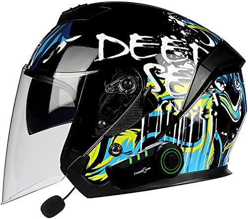 Bluetooth Jethelm Motorrad Open Face 3/4 Halbhelme,Vintage Adult Herren Damen Jet Helm,Retro Crash Halbhelm mit Doppelvisier ScooterHelm MotorradHelm,DOT/ECE-Zertifiziert