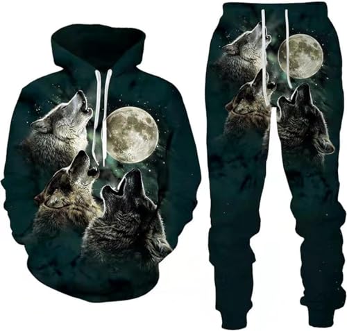 RIAAJ 3D wolf Jogginganzug Herren Jogging Sportanzug Fitness Sporthose Hose Hoodie Herren Trainingsanzug Zweiteiliges Set Freizeitanzug mit Löwen Tigermuster Sportsw (F2,XL)