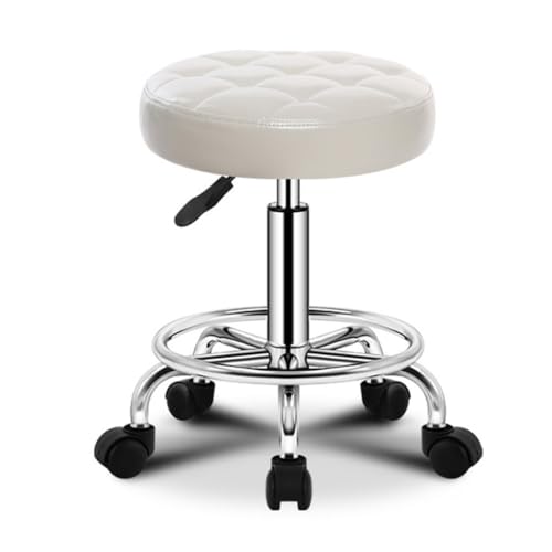 ZHOUXIAO PU Leder Rund Rolling Stool Shop Bar Hocker mit Rädern, Schwenkhöhenanpassung Rollinghocker mit Rädern Spa -Zeichnungs Salon Tattoo Office Massage Stuhl Kissen White